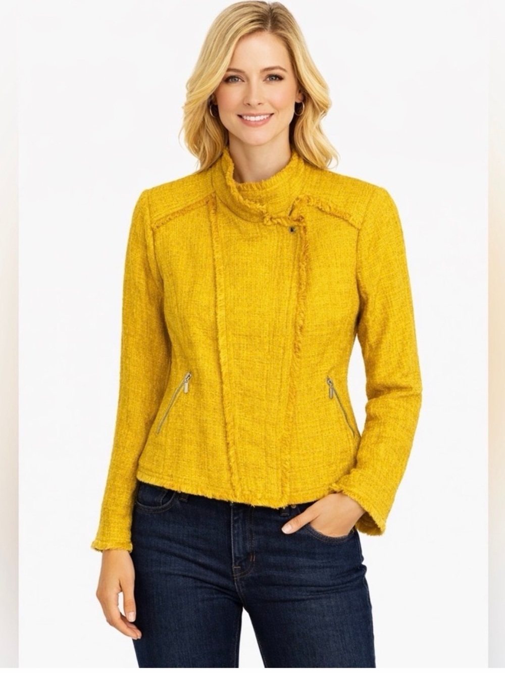 NWOT Carolina Belle Cotton Textured Tweed Mustard moto Zip M Fringe asymmetric